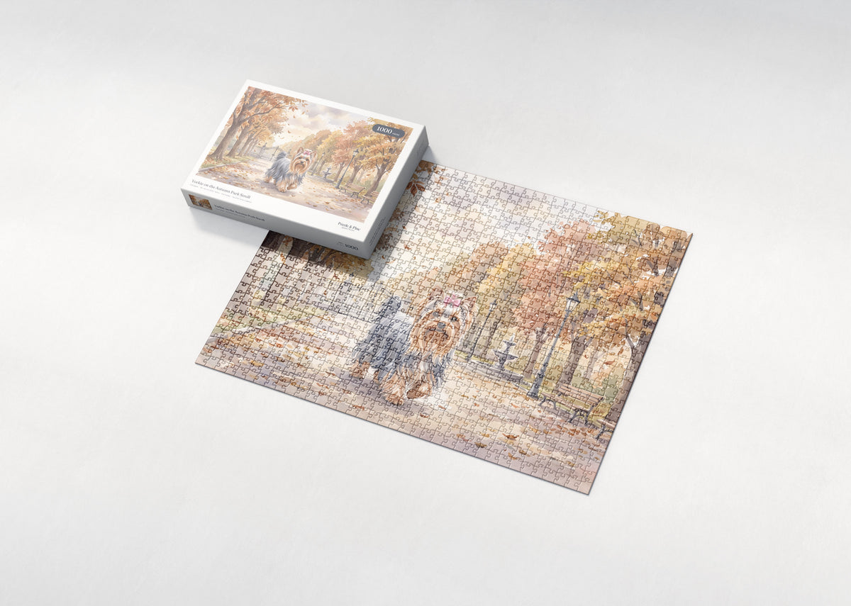 Yorkie on the Autumn Park Stroll jigsaw puzzle - box and puzzle