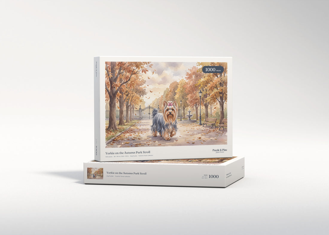 Yorkie on the Autumn Park Stroll jigsaw puzzle - gift box