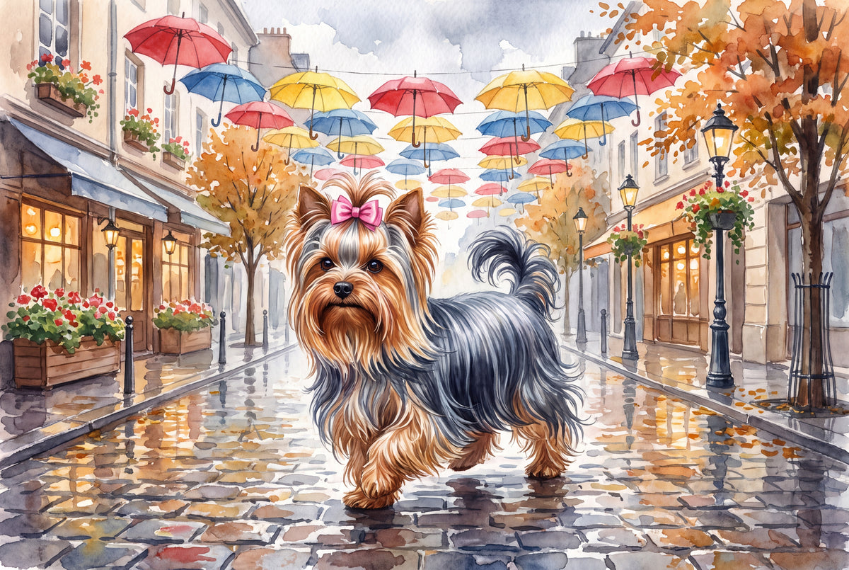 Yorkie on the Rainy City Street with Umbrellas jigsaw puzzle