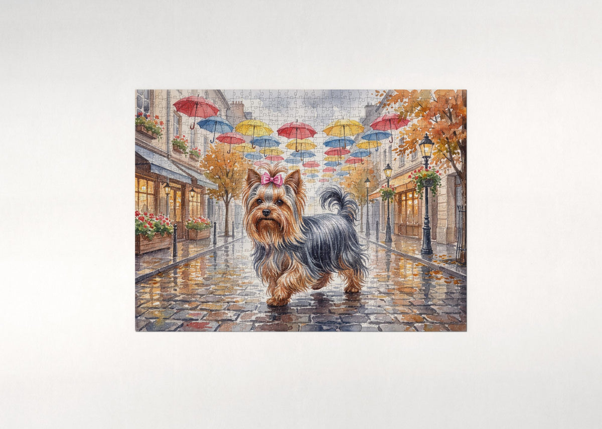 Yorkie on the Rainy City Street with Umbrellas jigsaw puzzle - flat puzzle