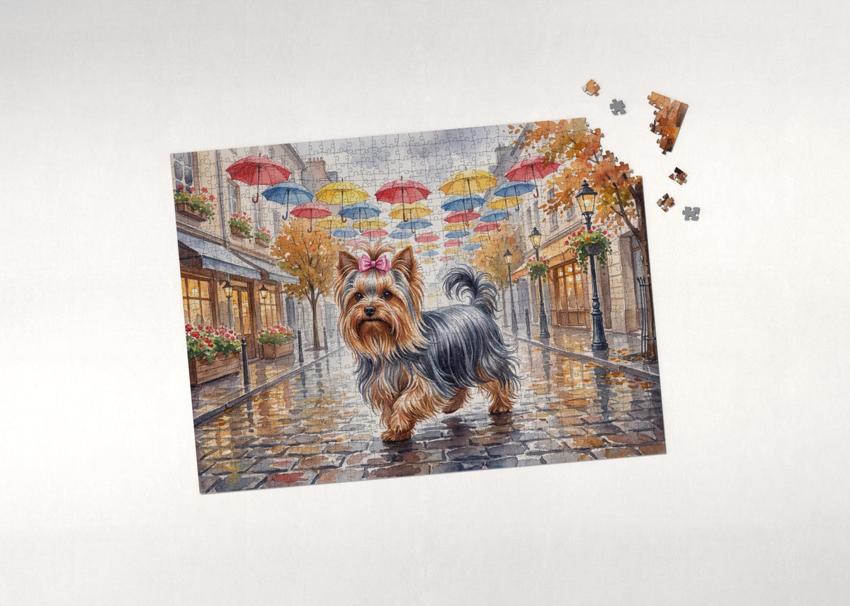 Yorkie on the Rainy City Street with Umbrellas jigsaw puzzle - puzzle with loose pieces