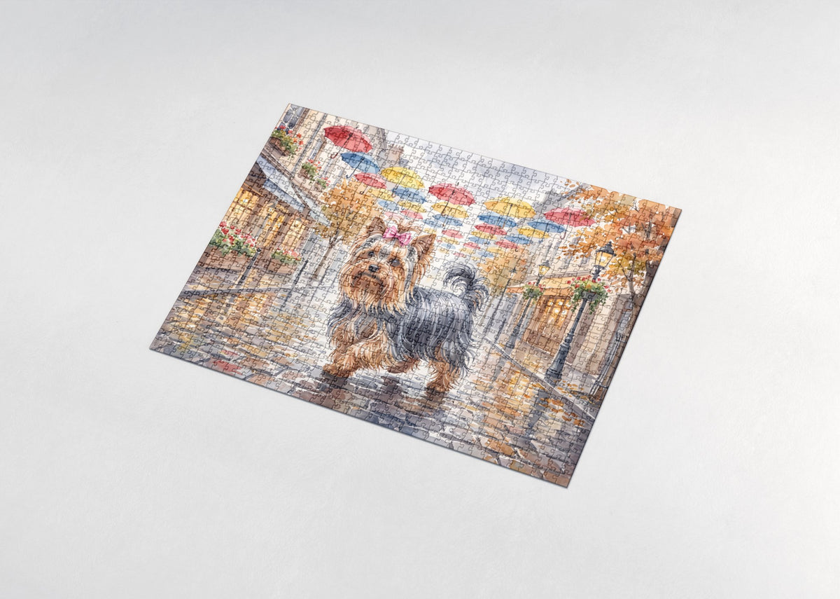 Yorkie on the Rainy City Street with Umbrellas jigsaw puzzle - assembled puzzle