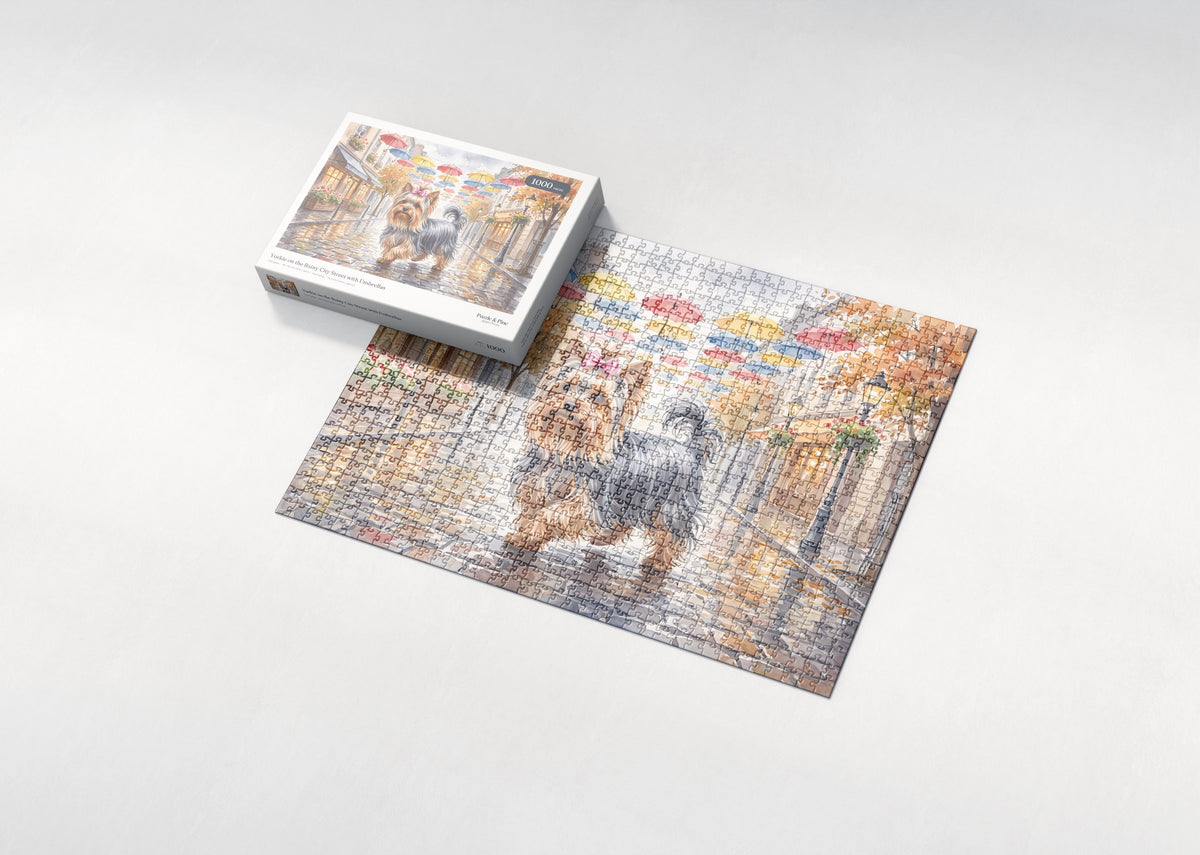 Yorkie on the Rainy City Street with Umbrellas jigsaw puzzle - box and puzzle