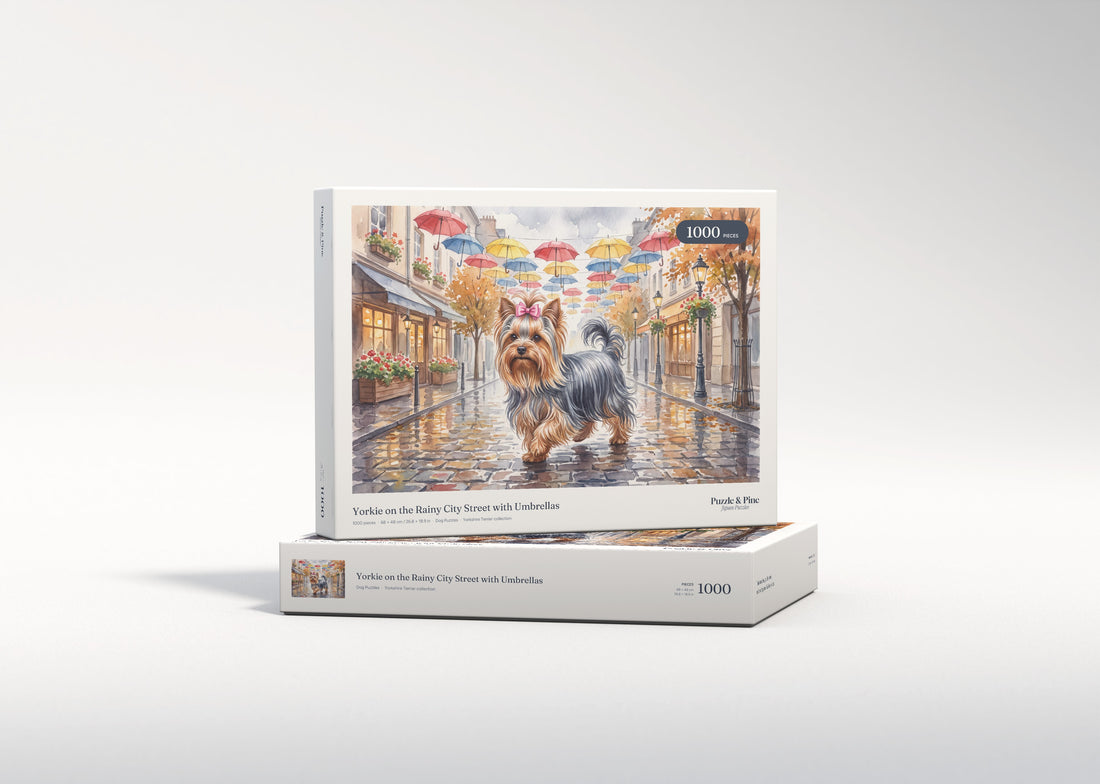 Yorkie on the Rainy City Street with Umbrellas jigsaw puzzle - gift box