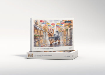 Yorkie on the Rainy City Street with Umbrellas jigsaw puzzle - gift box