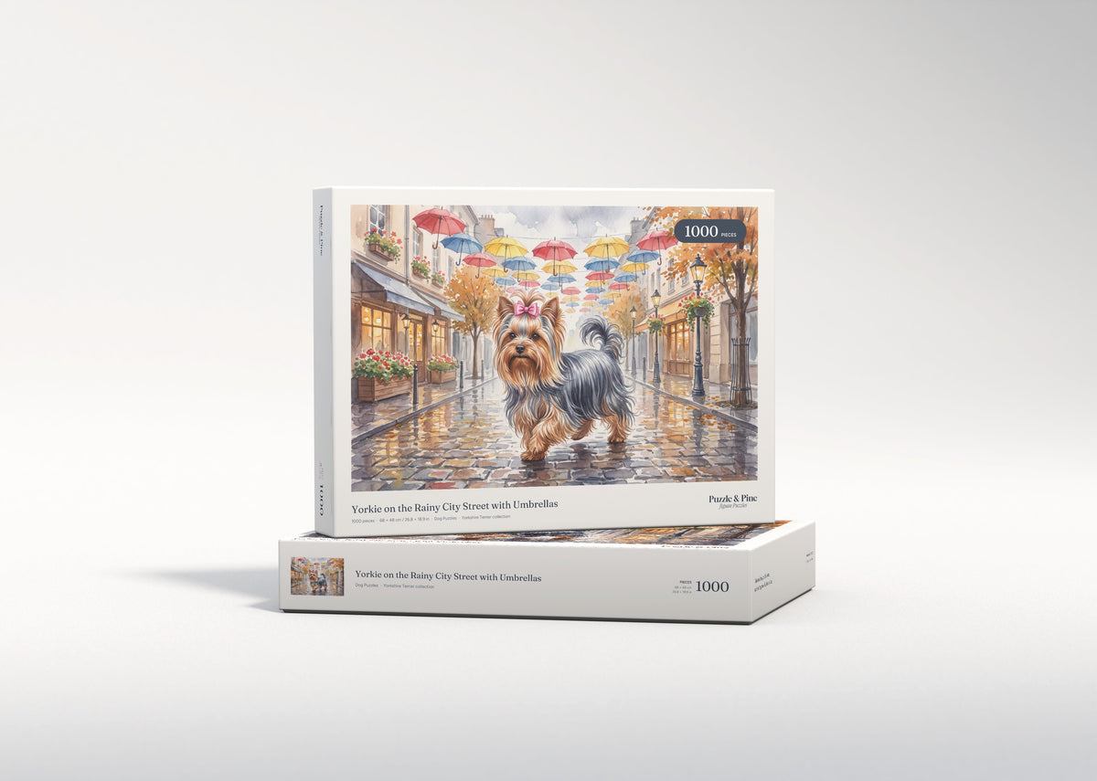 Yorkie on the Rainy City Street with Umbrellas jigsaw puzzle - gift box