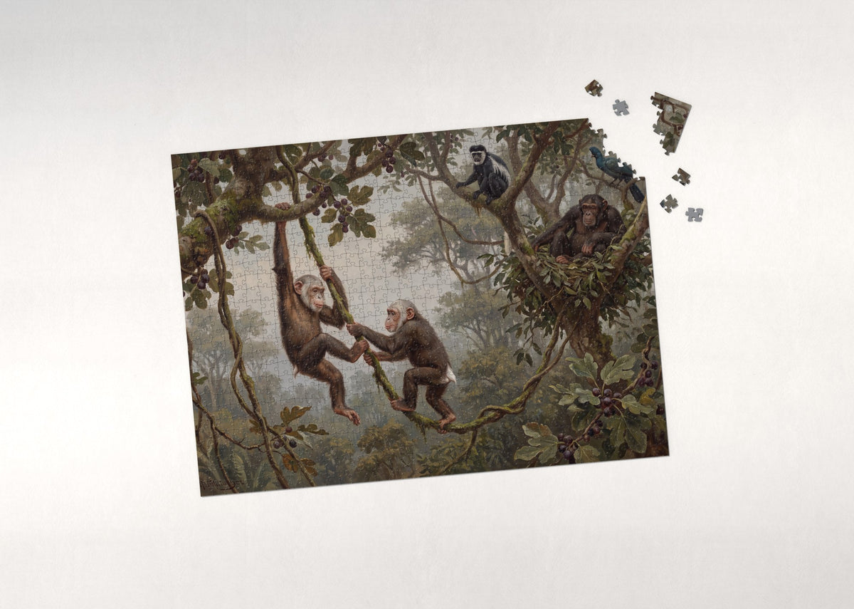 Young Chimpanzees Playing in the Canopy jigsaw puzzle - puzzle with loose pieces