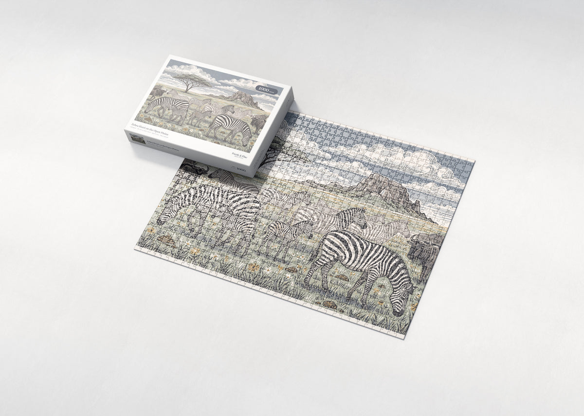 Zebra Herd on the Open Plains jigsaw puzzle - box and puzzle