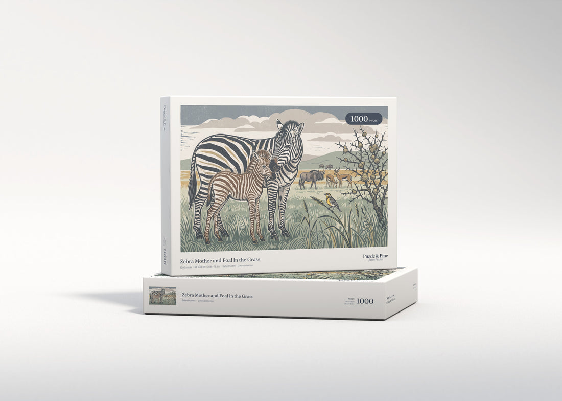 Zebra Mother and Foal in the Grass jigsaw puzzle - gift box