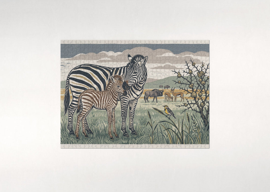 Zebra Mother and Foal in the Grass jigsaw puzzle - gift box