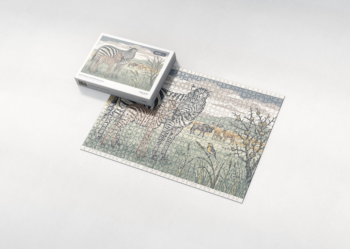 Zebra Mother and Foal in the Grass jigsaw puzzle - box and puzzle