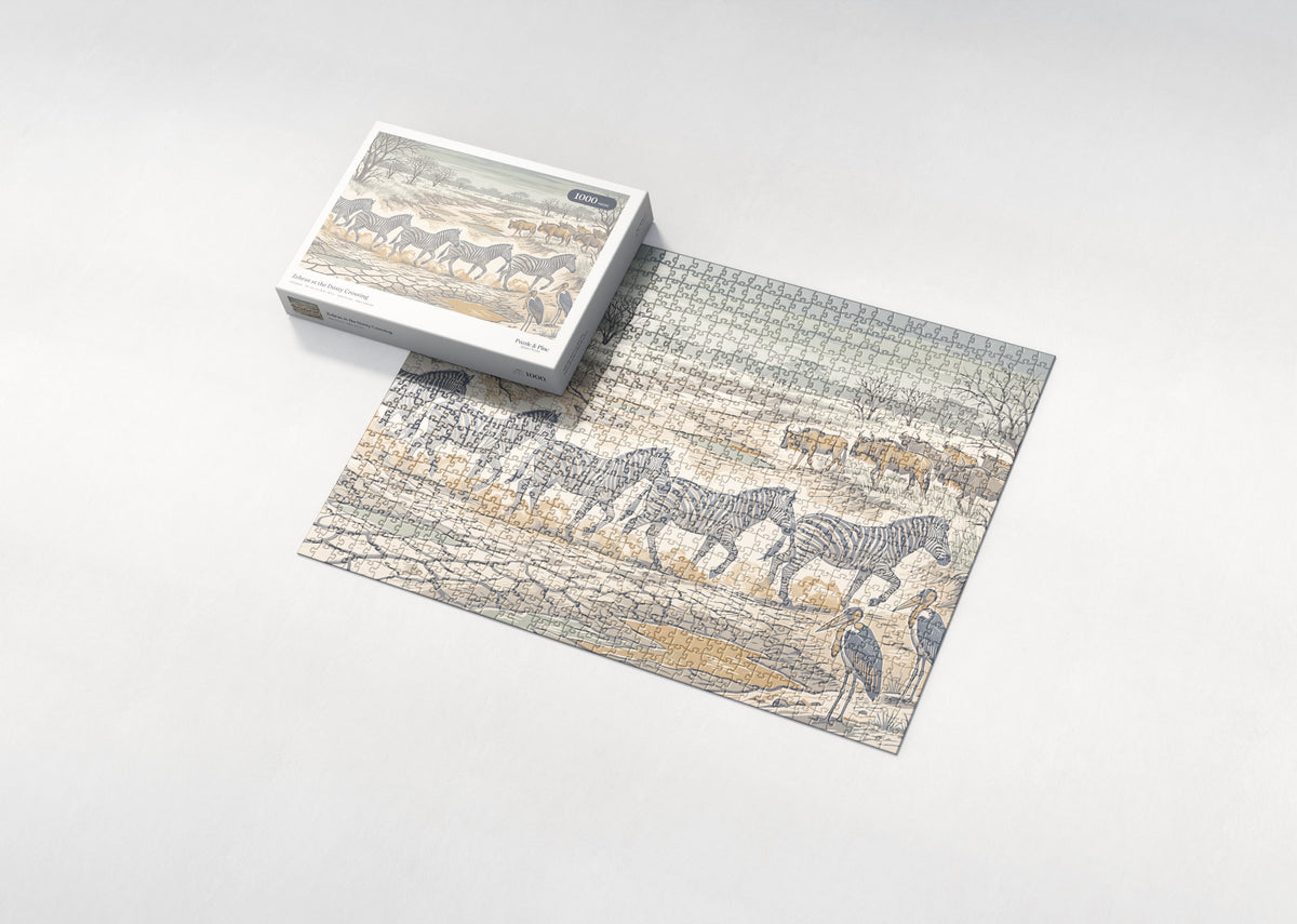 Zebras at the Dusty Crossing jigsaw puzzle - box and puzzle