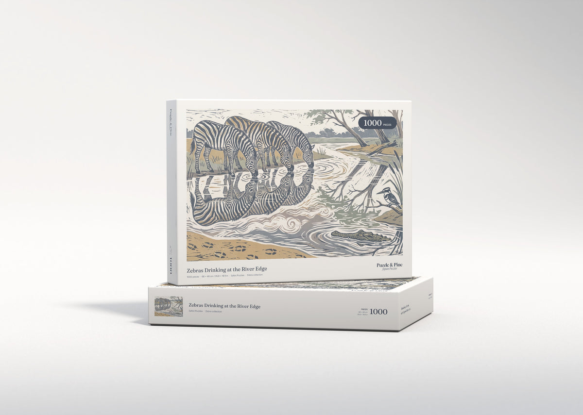 Zebras Drinking at the River Edge jigsaw puzzle - gift box