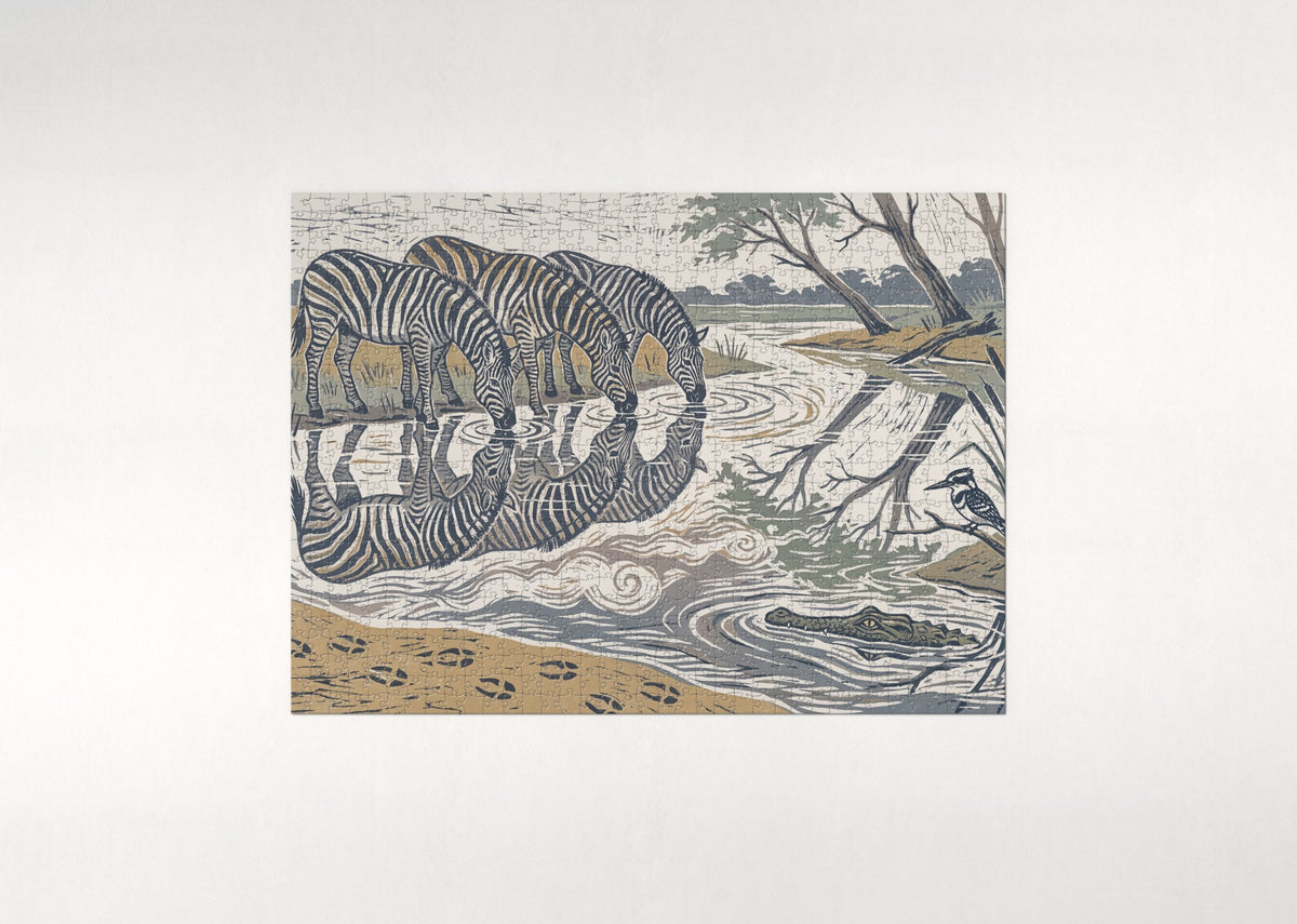 Zebras Drinking at the River Edge jigsaw puzzle - flat puzzle