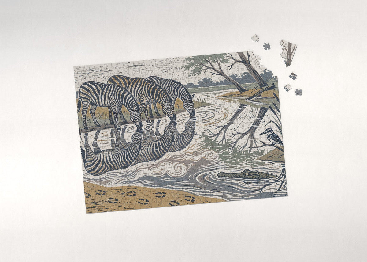 Zebras Drinking at the River Edge jigsaw puzzle - puzzle with loose pieces