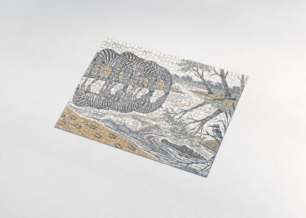 Zebras Drinking at the River Edge jigsaw puzzle - assembled puzzle