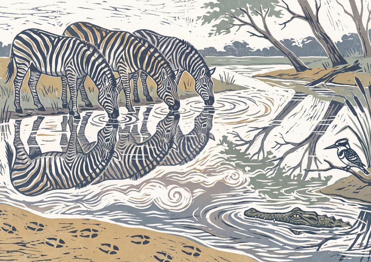 Zebras Drinking at the River Edge jigsaw puzzle