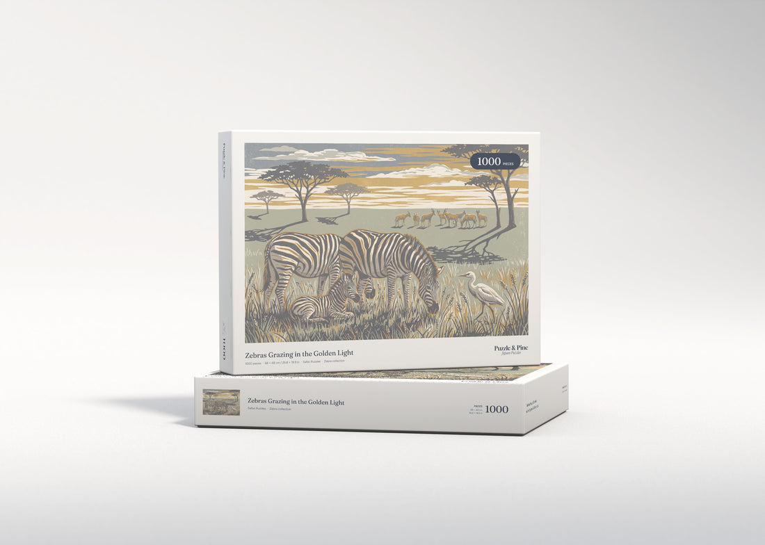 Zebras Grazing in the Golden Light jigsaw puzzle - gift box